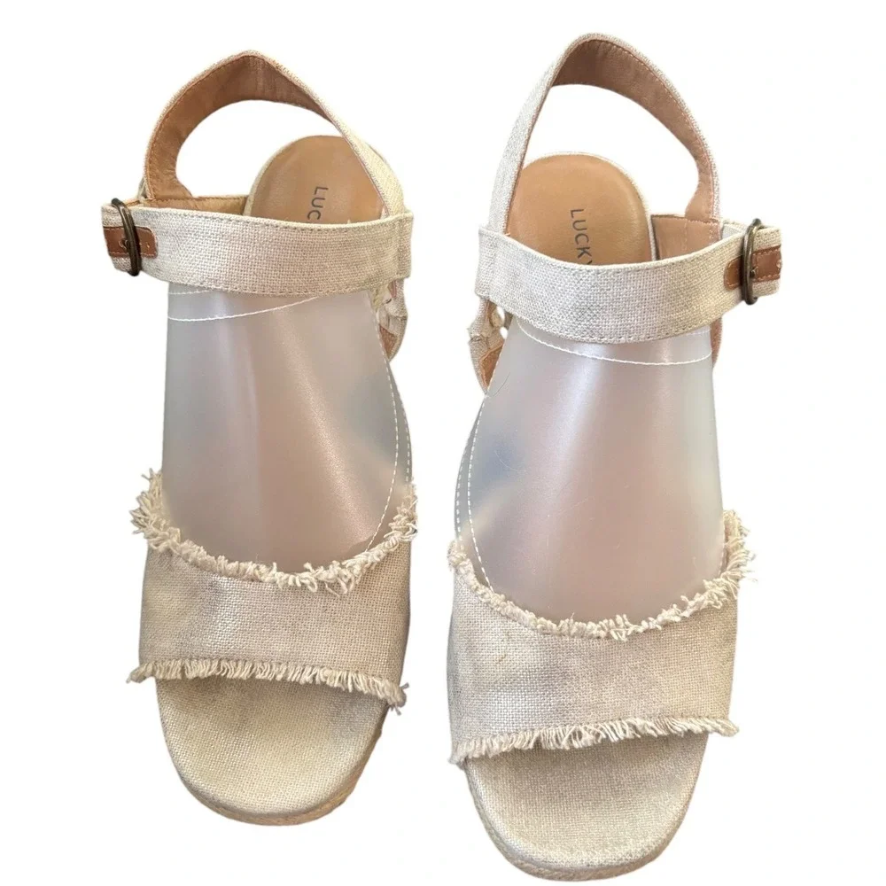 Lucky Brand Mindra Linen Espadrille Wedge Sandals Tan Fringe 9M LK-MINDRA
